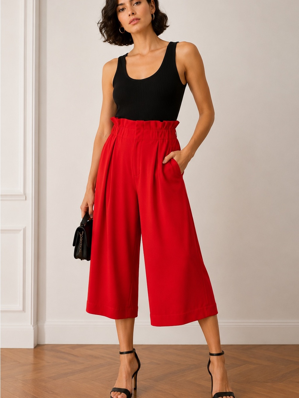 Sonia Rykiel Red High-Waist Paperbag Wide-Leg Cropped Pants